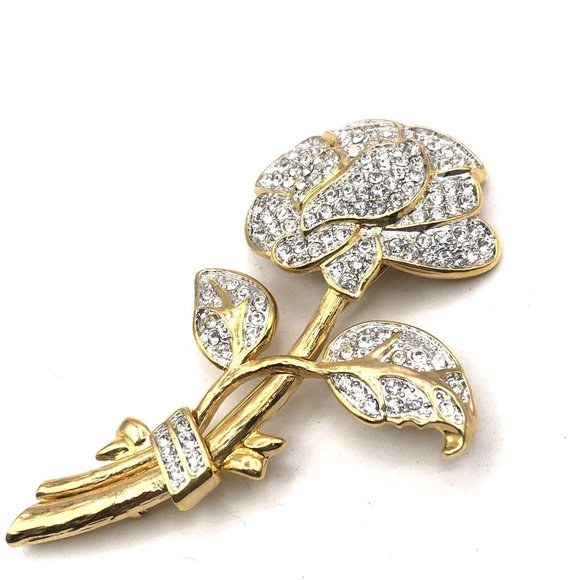 NOLAN MILLER Large Pave Rhinestone Rose Flower Gold Tone Pin Brooch 4" - Picture 2 of 10